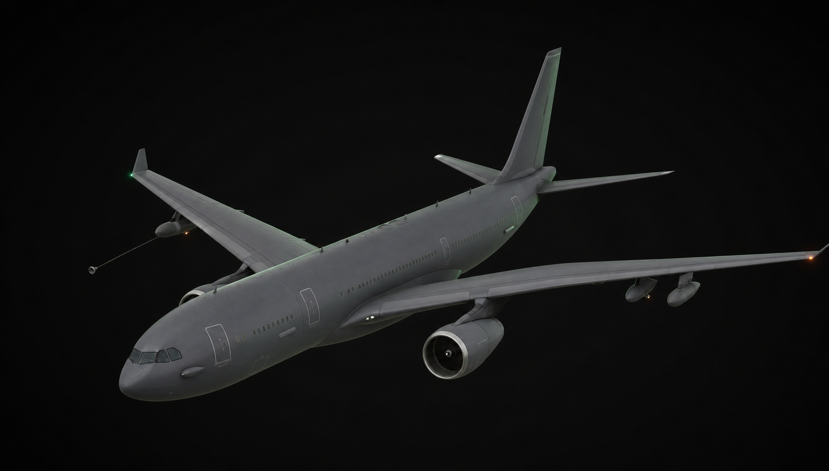 Three-quarter 3D render of an Airbus A330 MRTT military tanker transport
